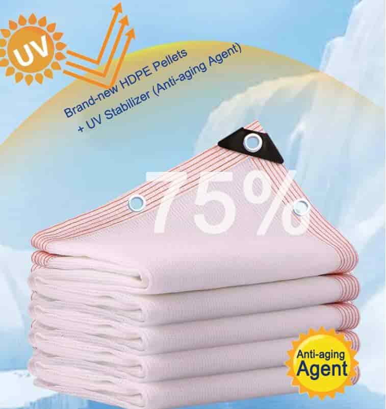 Stack of pink fabric with UV stabilizer and anti-aging agent text on a blue background