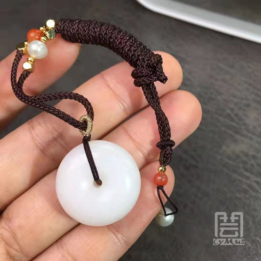 Natural Hetian Jade Donut Pendant Nephrite Jade Necklace - Chinese Braided Cord Necklace 和田玉 平安扣 A货