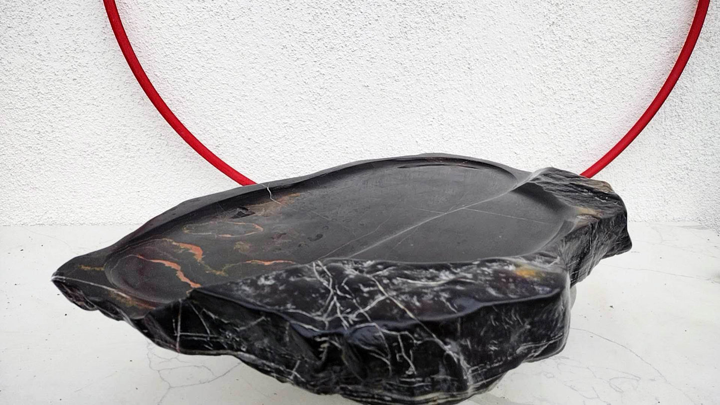 Authentic Lingbi Stone Tea Tray – Natural Whole-Piece Chinese Scholar Rock Tea Boat with Metal Resonance & Hand-Carved Drainage