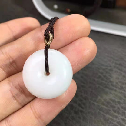 Natural Hetian Jade Donut Pendant Nephrite Jade Necklace - Chinese Braided Cord Necklace 和田玉 平安扣 A货
