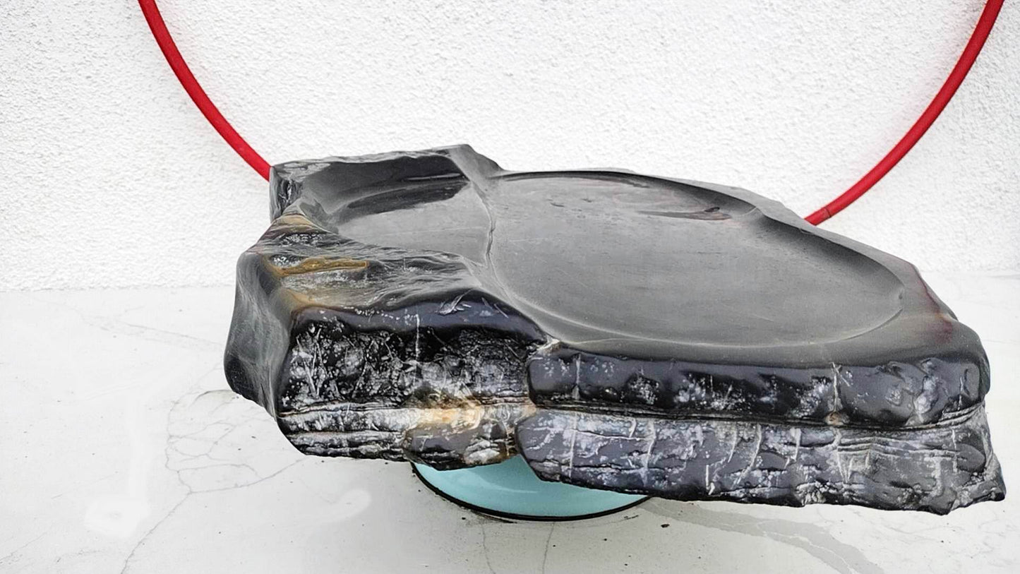 Authentic Lingbi Stone Tea Tray – Natural Whole-Piece Chinese Scholar Rock Tea Boat with Metal Resonance & Hand-Carved Drainage