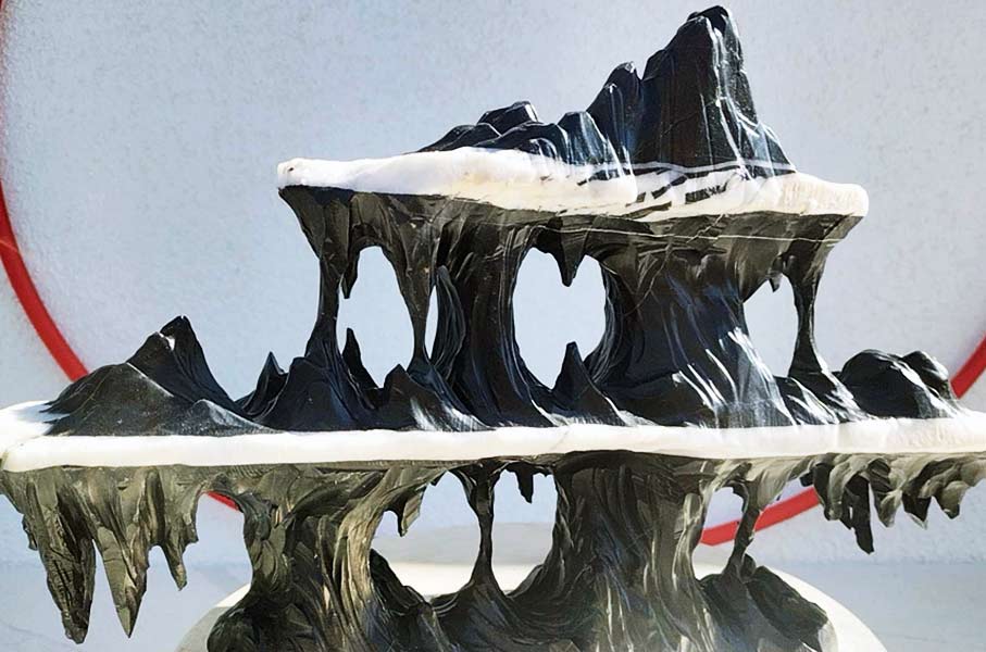 Natural Lingbi Stone Hand-Carved Mountain Sculpture | One-Piece 3 layer Lingbi Rock Bonsai Accent | Chinese Landscape Display Stone