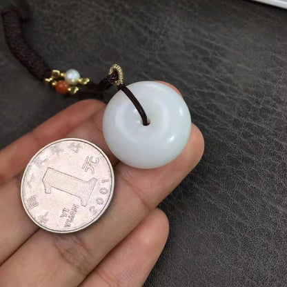 Natural Hetian Jade Donut Pendant Nephrite Jade Necklace - Chinese Braided Cord Necklace 和田玉 平安扣 A货