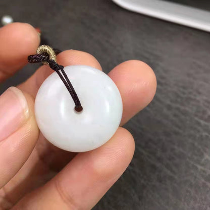 Natural Hetian Jade Donut Pendant Nephrite Jade Necklace - Chinese Braided Cord Necklace 和田玉 平安扣 A货