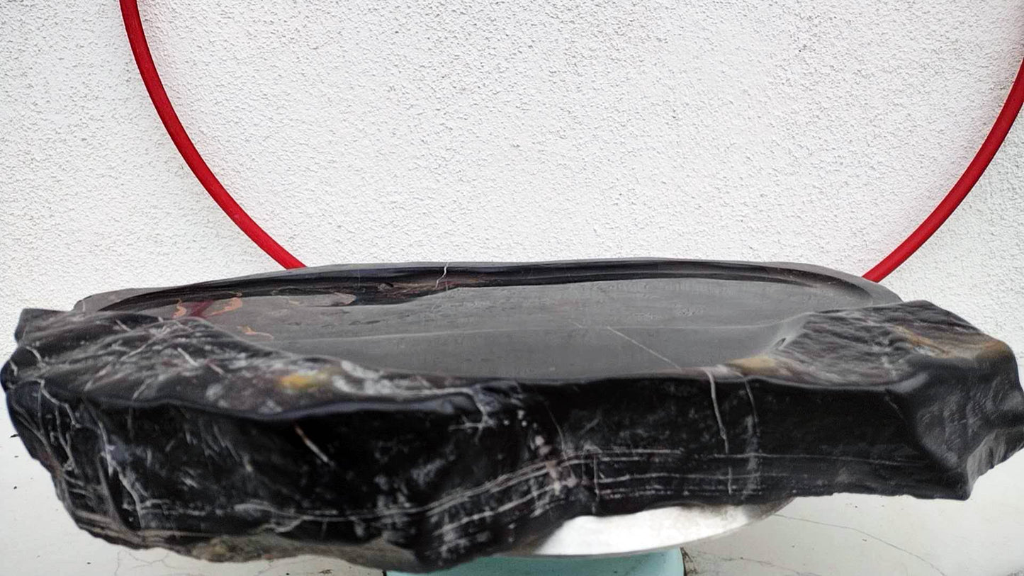 Authentic Lingbi Stone Tea Tray – Natural Whole-Piece Chinese Scholar Rock Tea Boat with Metal Resonance & Hand-Carved Drainage