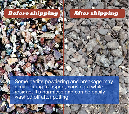 Comparison of perlite before and after shipping with text about perlite powdering and breakage.