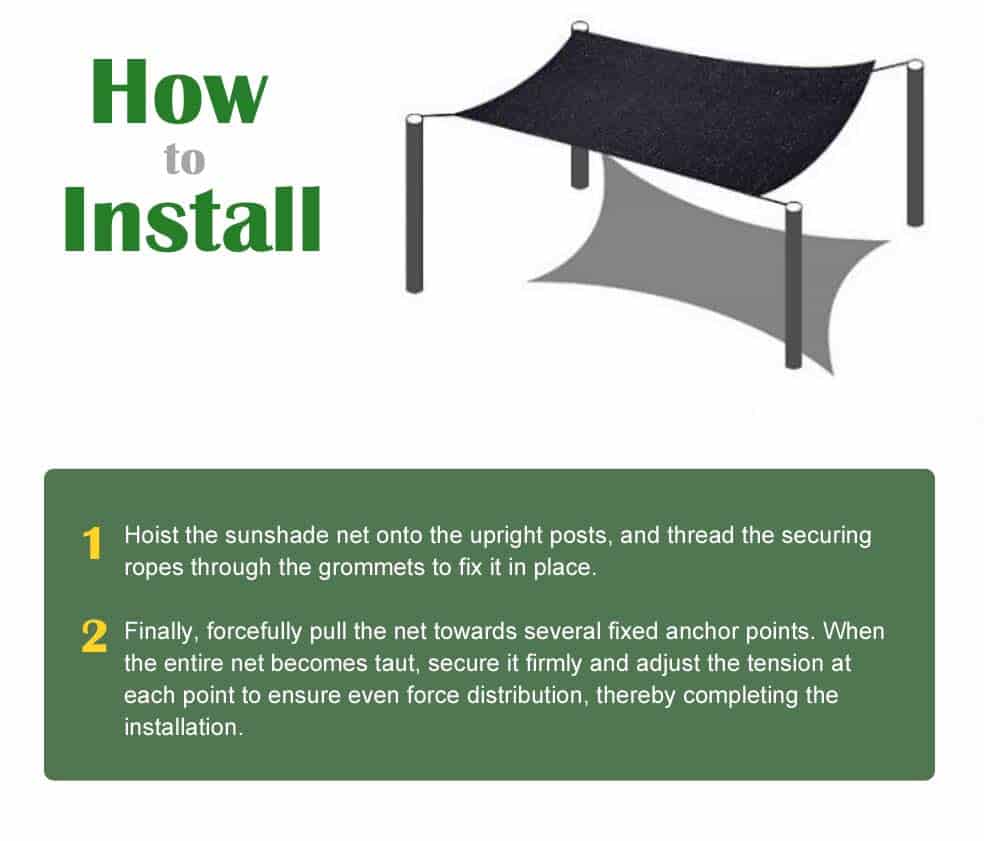 Instructions on how to install a sunshade net with text and diagram.