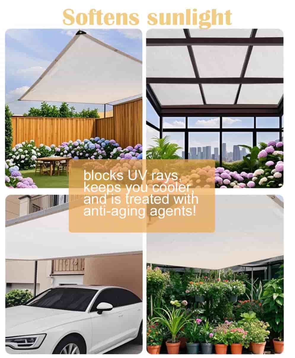 Collage of outdoor settings with text highlighting features of a sunshade product.
