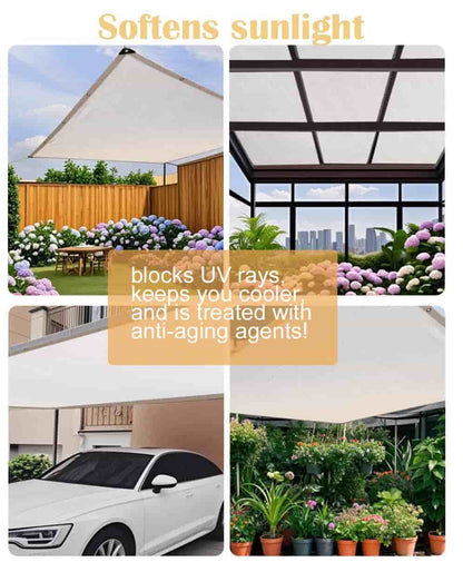 Collage of outdoor settings with text highlighting features of a sunshade product.