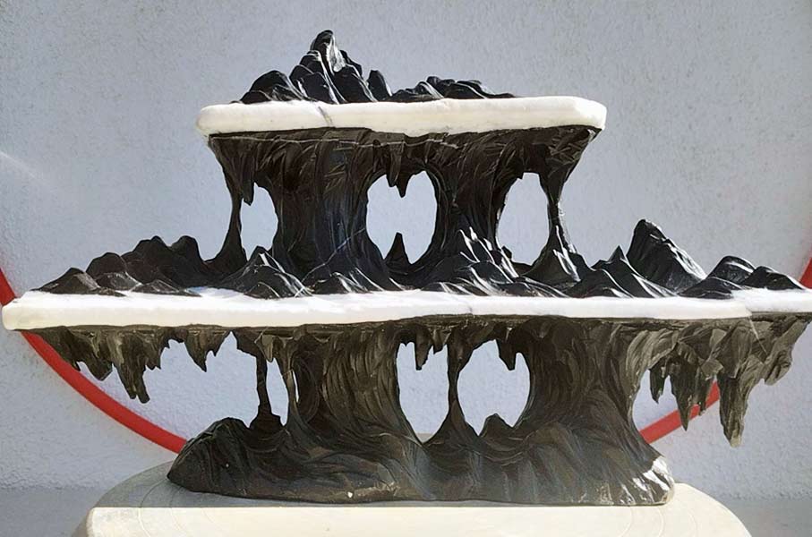 Natural Lingbi Stone Hand-Carved Mountain Sculpture | One-Piece 3 layer Lingbi Rock Bonsai Accent | Chinese Landscape Display Stone