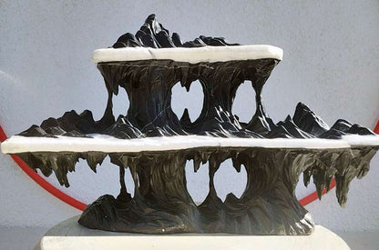 Natural Lingbi Stone Hand-Carved Mountain Sculpture | One-Piece 3 layer Lingbi Rock Bonsai Accent | Chinese Landscape Display Stone